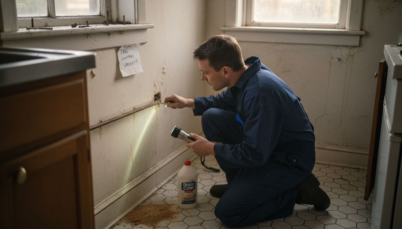 Plumber inspects gap for rodent entry