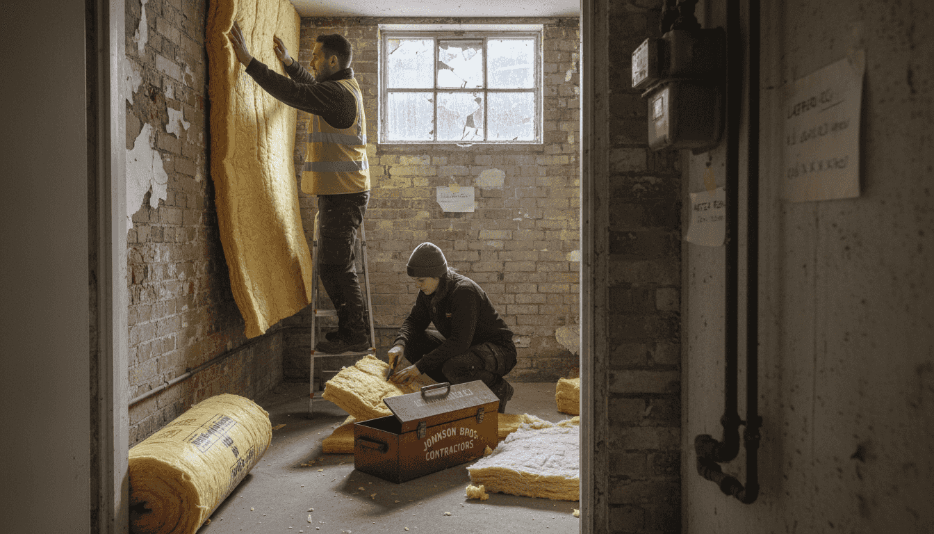 Contractors installing insulation in basement
