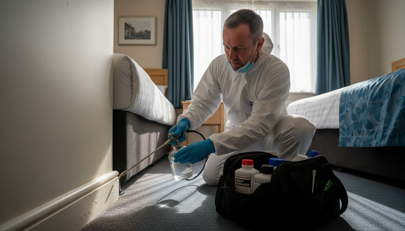Pest control technician treating hotel bed area