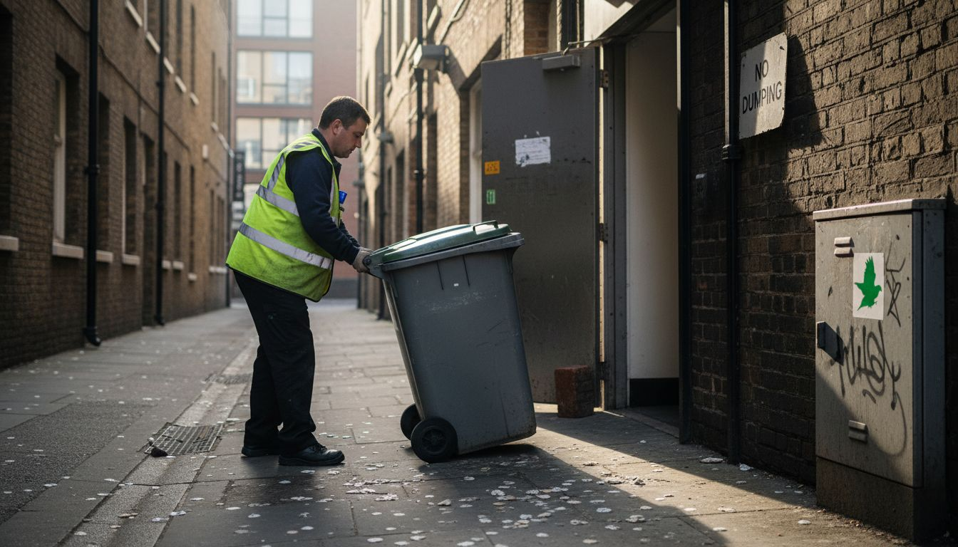 Hotel staff moving bin by service alley