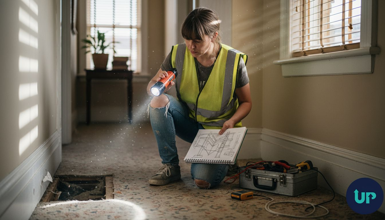 Surveyor inspecting under floorboards for issues