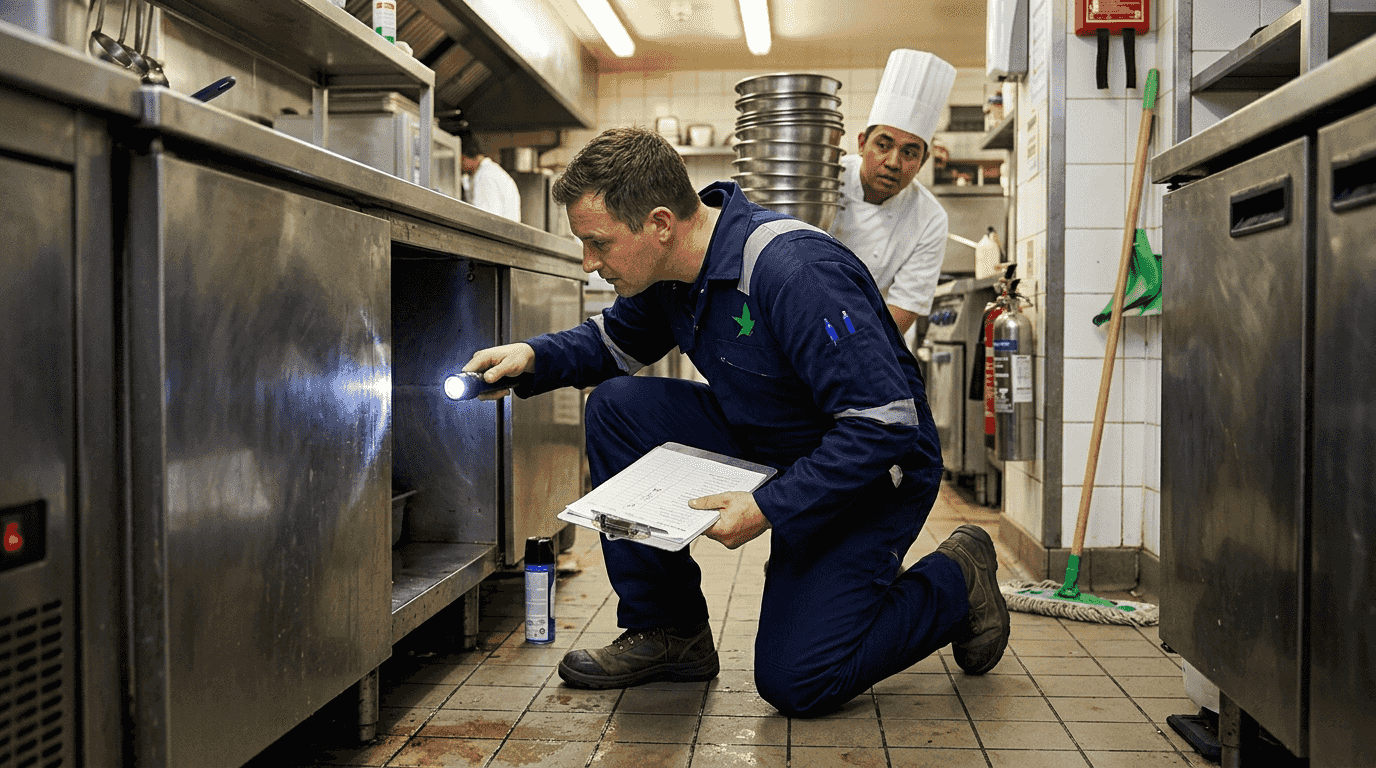 Inspector checking kitchen for pests