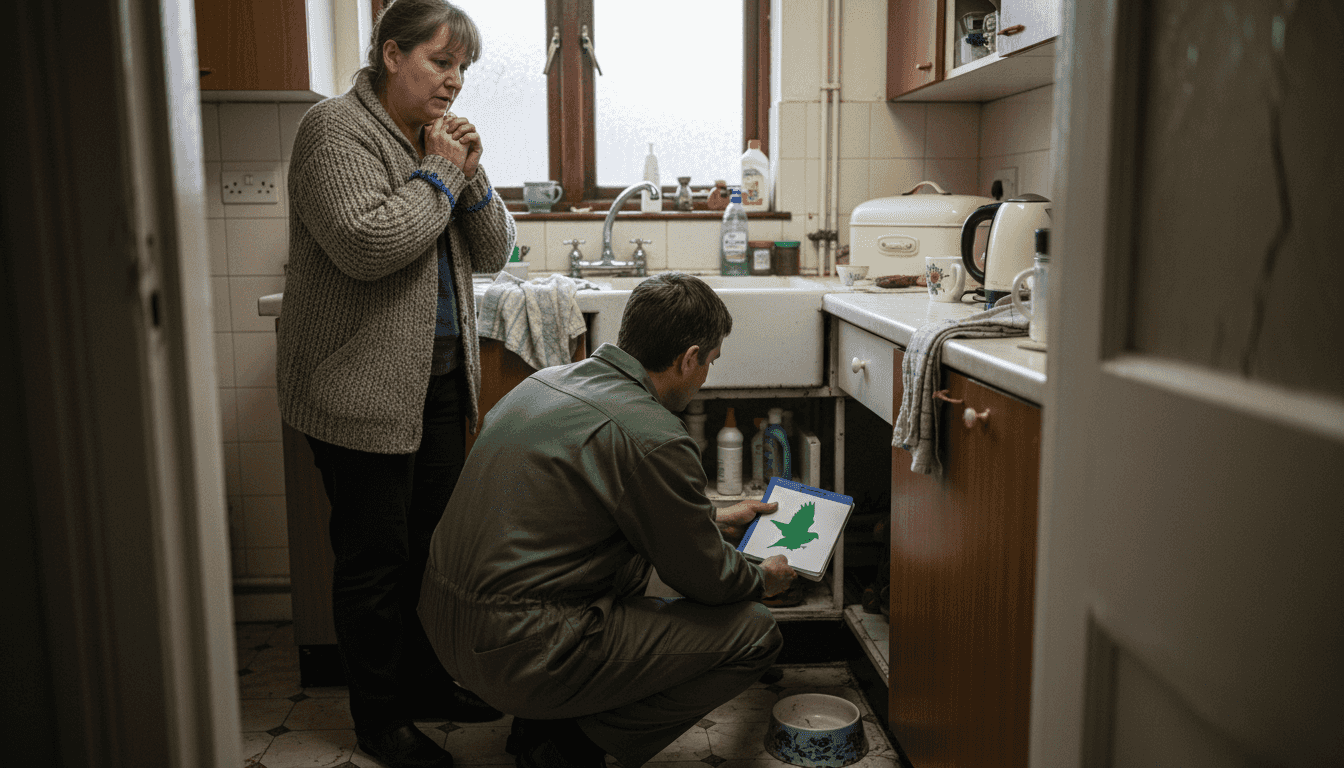 Pest expert checks under kitchen sink for pests