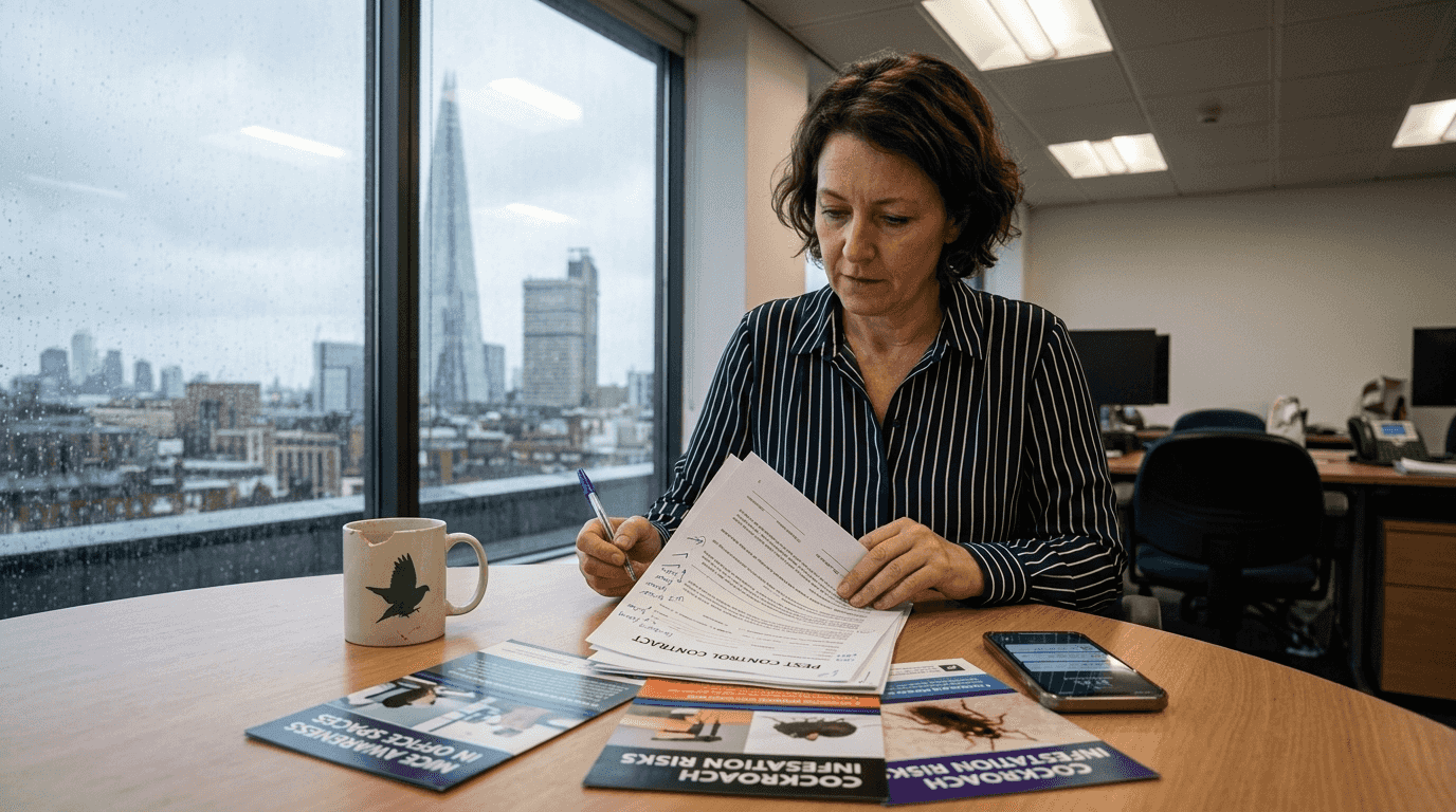 Business owner examines pest contract at table