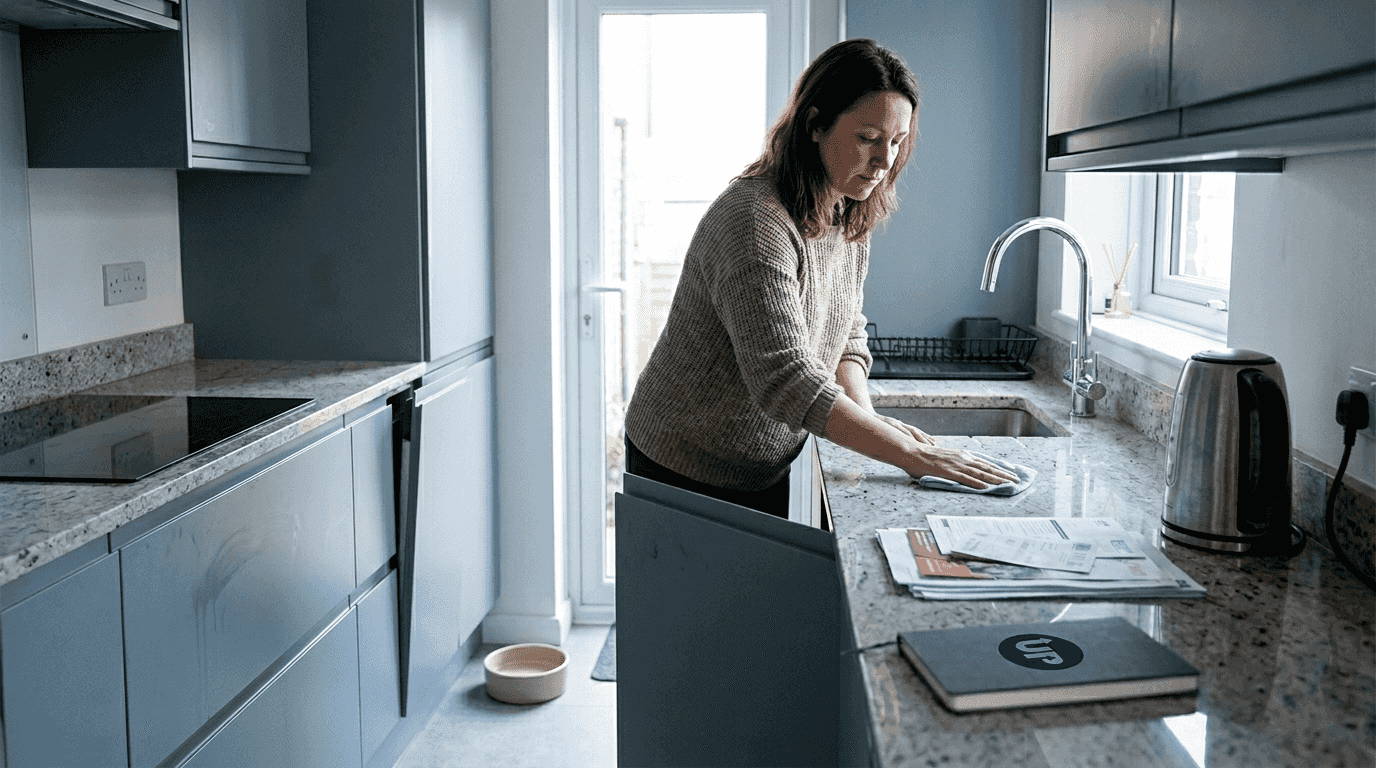 Woman cleaning modern refurbished kitchen