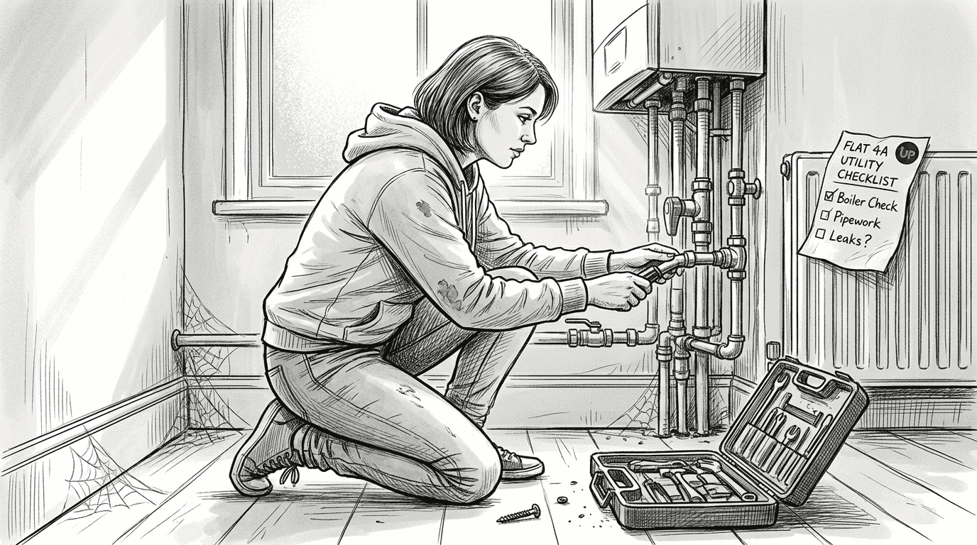 Property manager inspecting utility room pipes