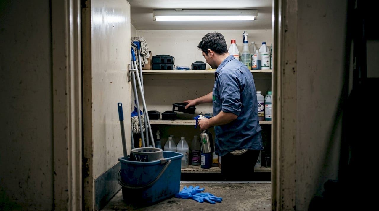 Employee arranging pest management tools in closet
