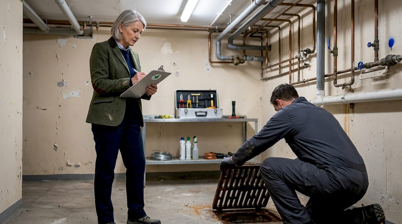 Pest control inspection in basement utility