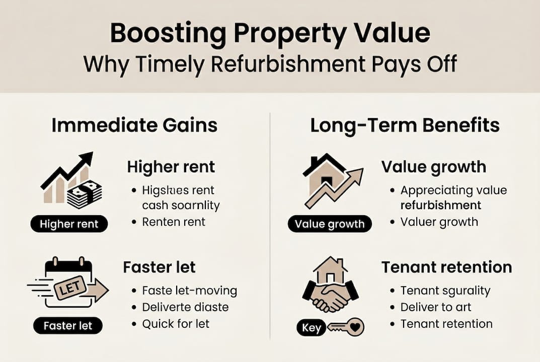 Infographic of refurbishment benefits: rent, value, tenants