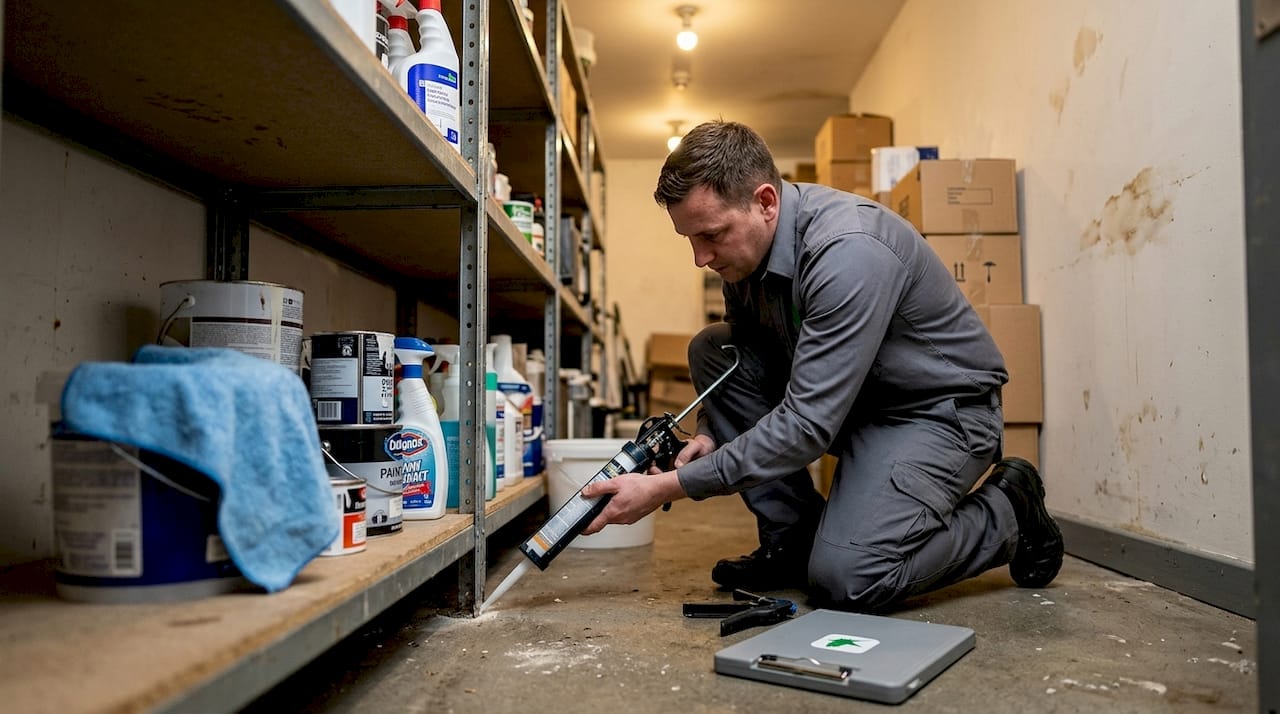 Hotel worker sealing storage room against pests