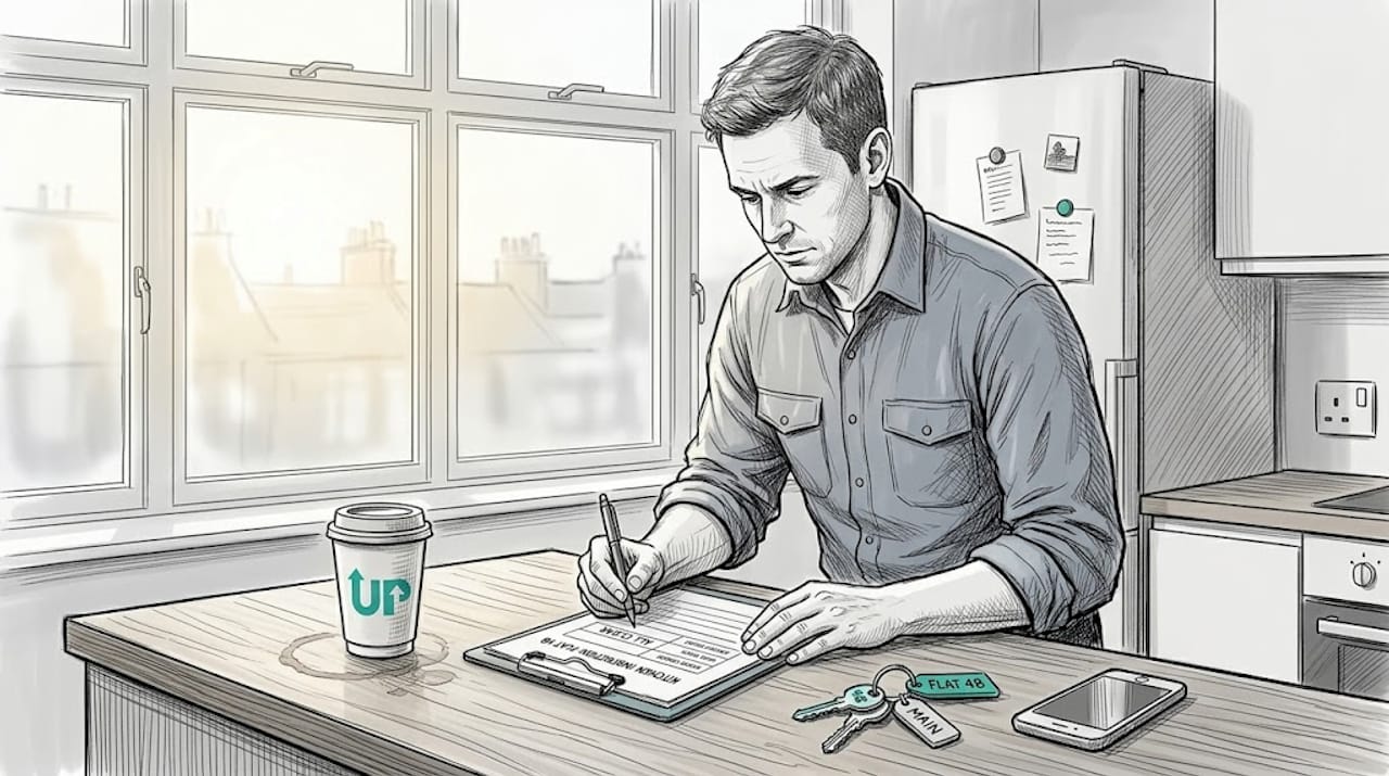 Property manager reviews checklist at kitchen counter