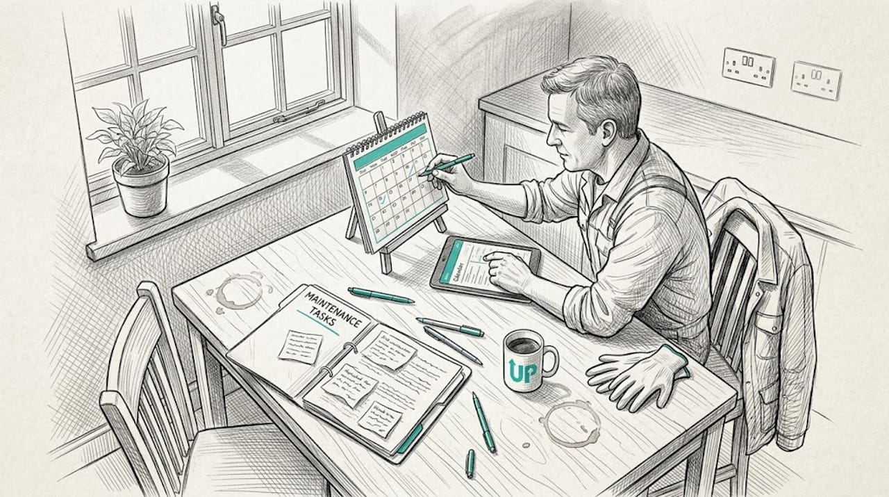 Property manager updating maintenance calendar at table
