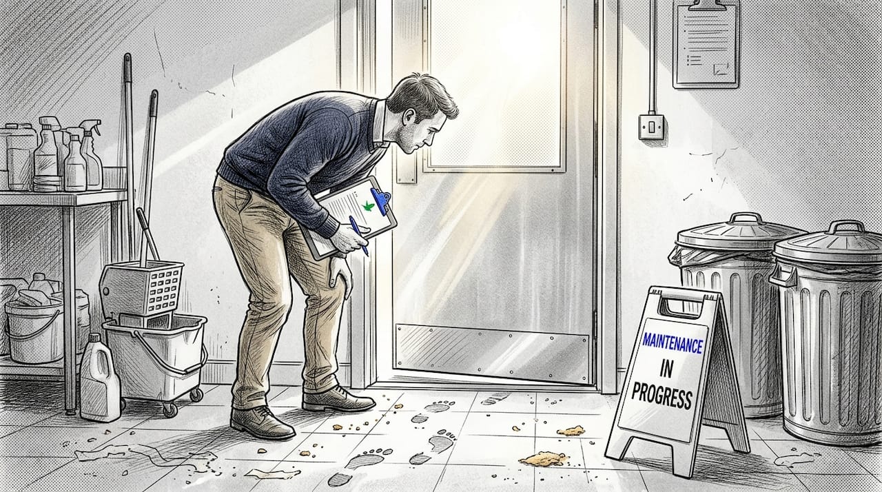 Facilities manager inspects rear entrance for pests