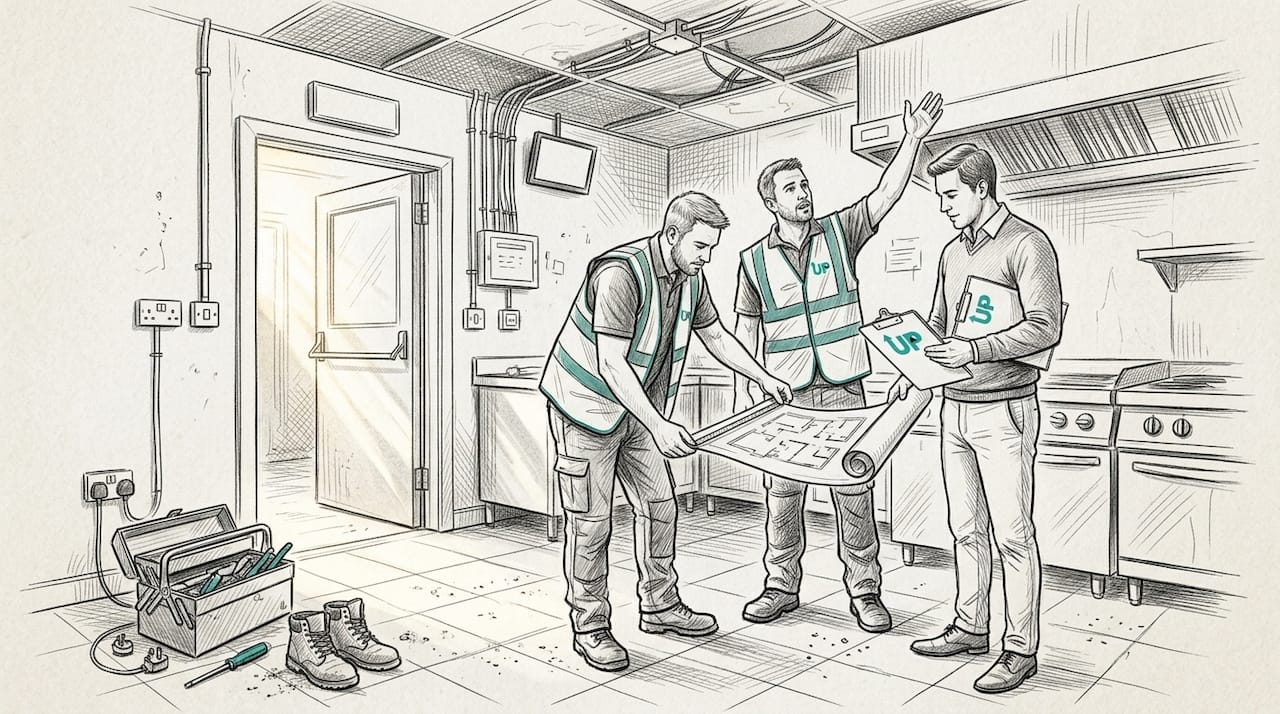 Contractors and project manager reviewing plans