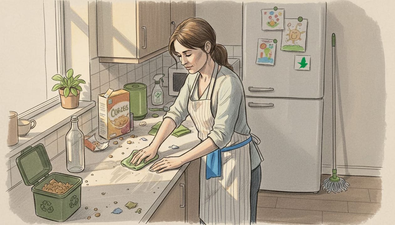 Woman cleaning counter for pest prevention