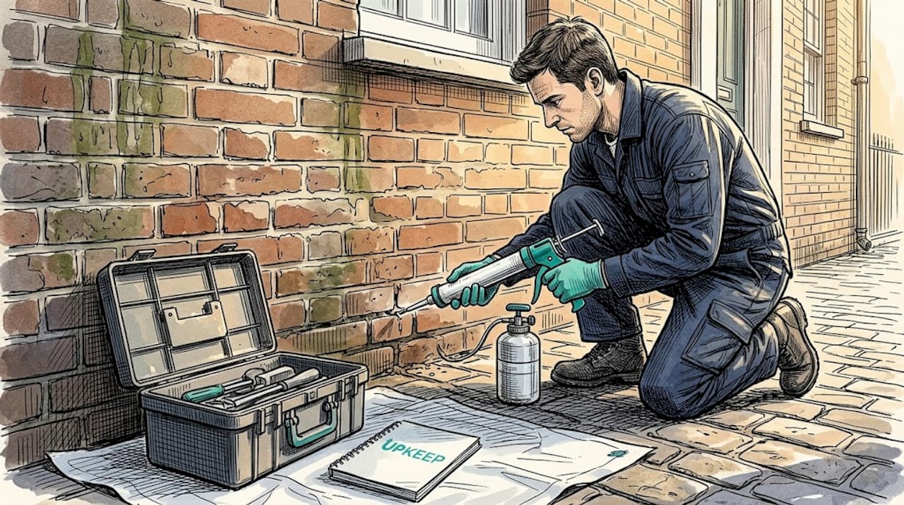 Worker injecting DPC into damp brick wall
