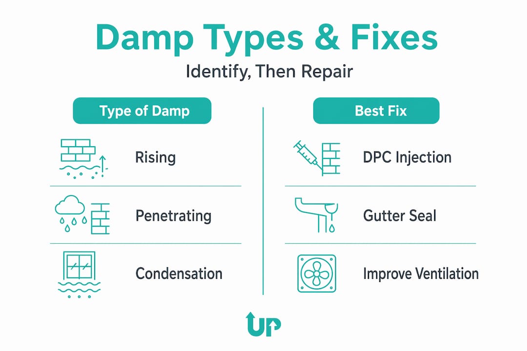 Infographic comparing damp types and fixes
