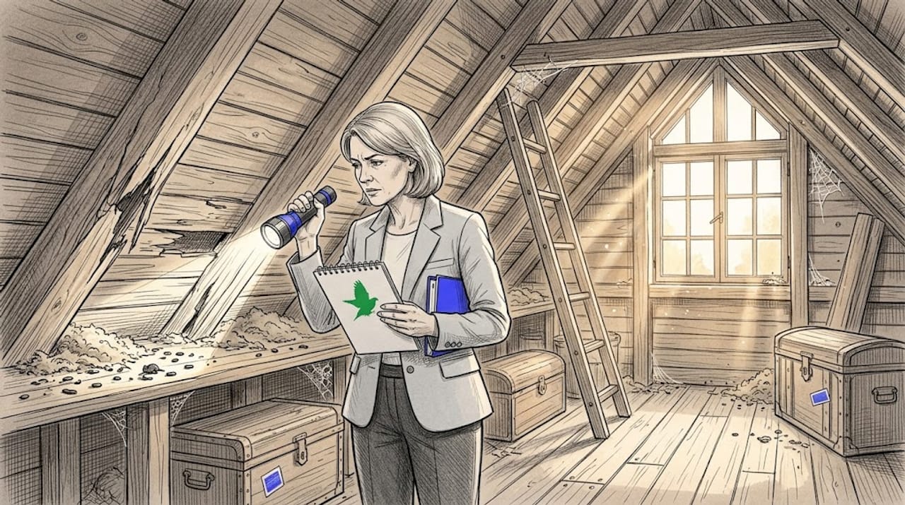 Property manager inspects roof timber damage