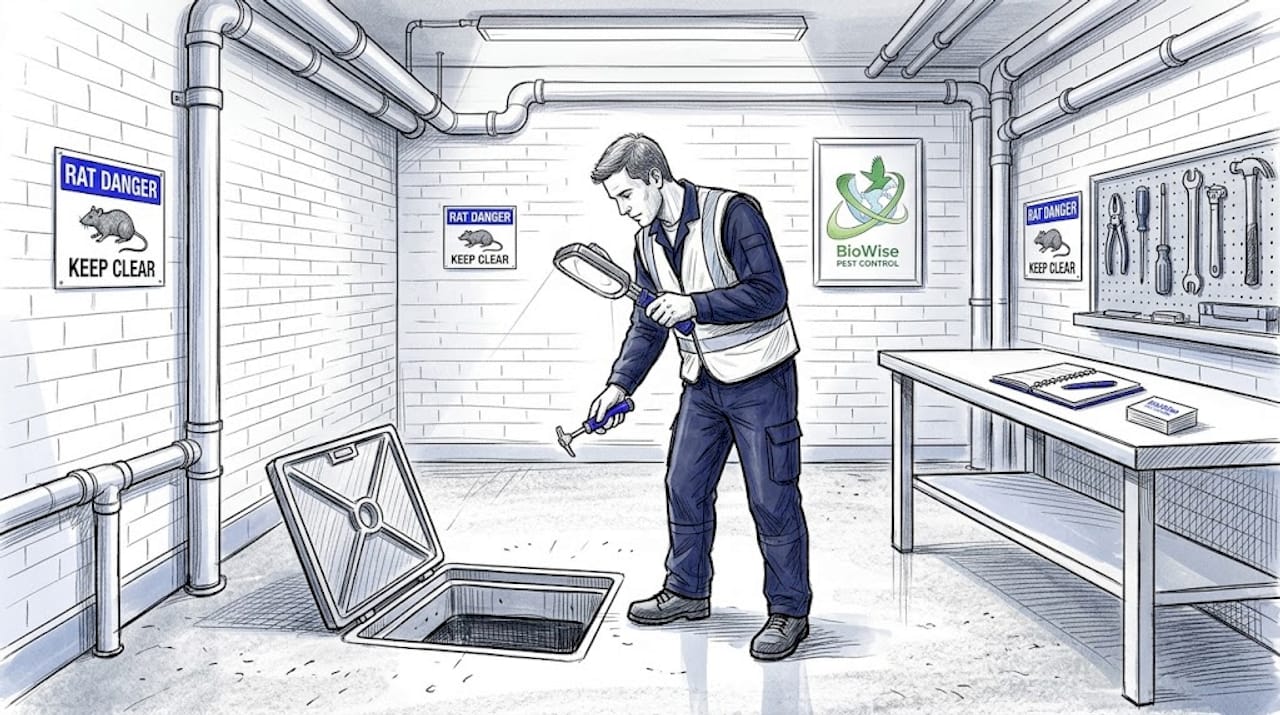 Worker examining open basement drain in London