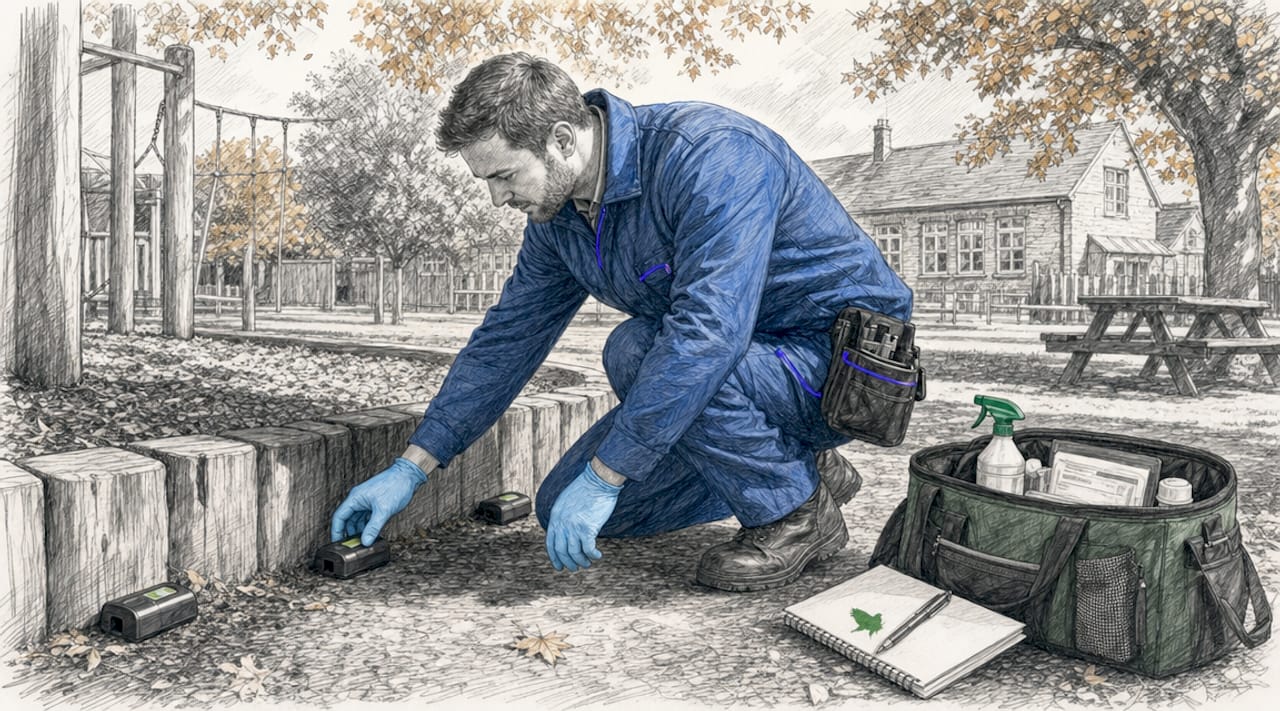 Pest control technician placing ant traps outdoors in schoolyard