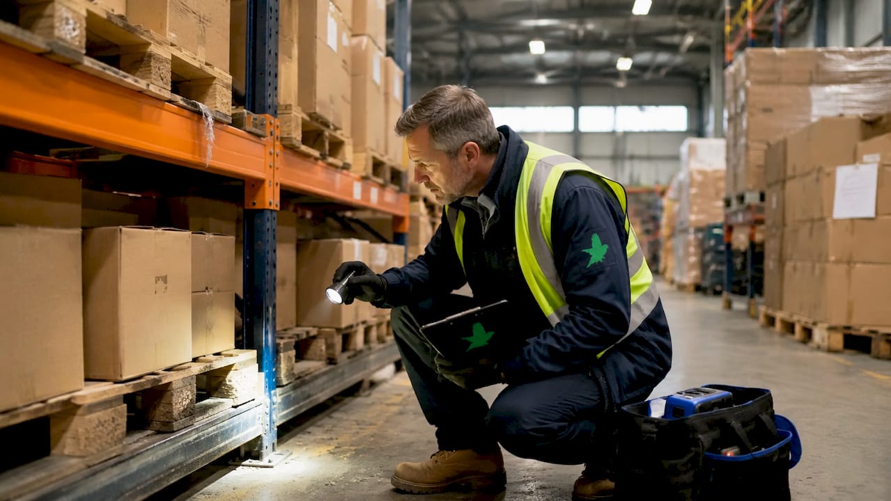 Technician inspecting warehouse racks for pests