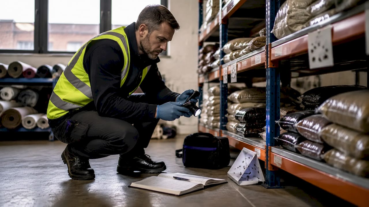 Pest inspector examining moth trap indoors