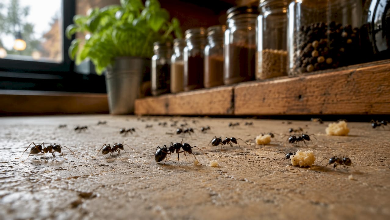 Close-up of black garden ants on commercial kitchen floor