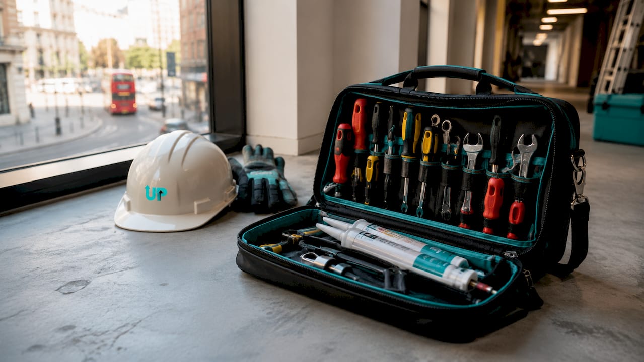 Professional maintenance toolkit on corridor floor