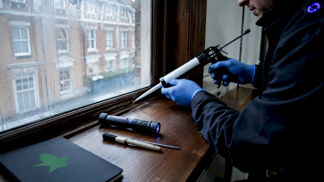 Hands sealing entry point with pest proofing tools in UK office