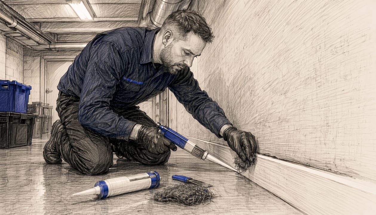 Close-up of pest control worker sealing gap in UK office basement