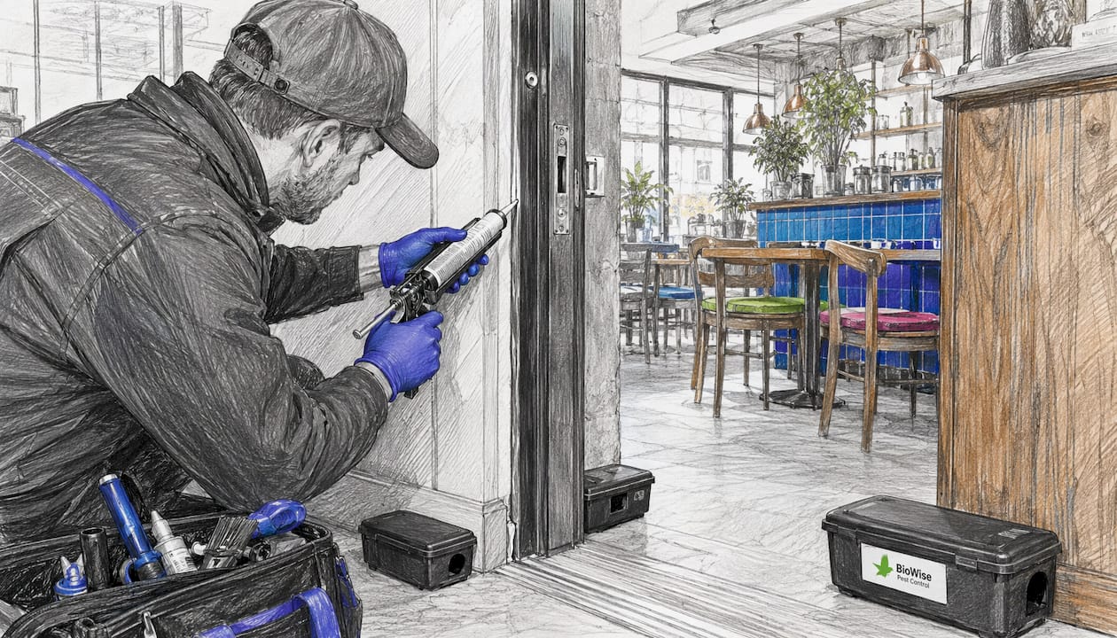 Hands sealing entry points in London hotel kitchen