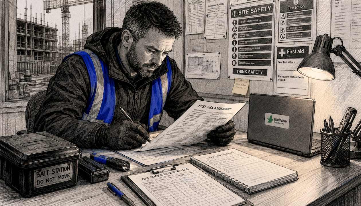 Technician reviewing pest control records in site office