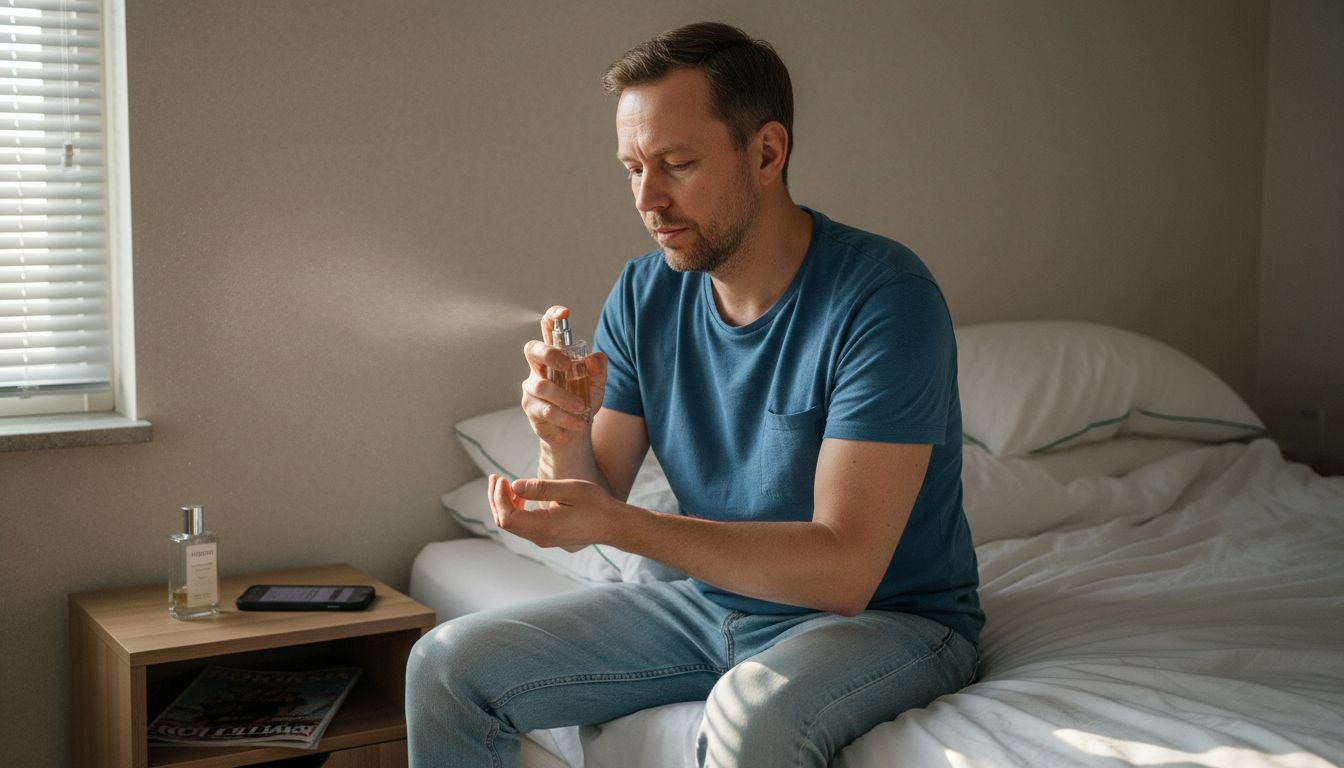 Mies suihkauttaa hajuvettä ranteilleen.