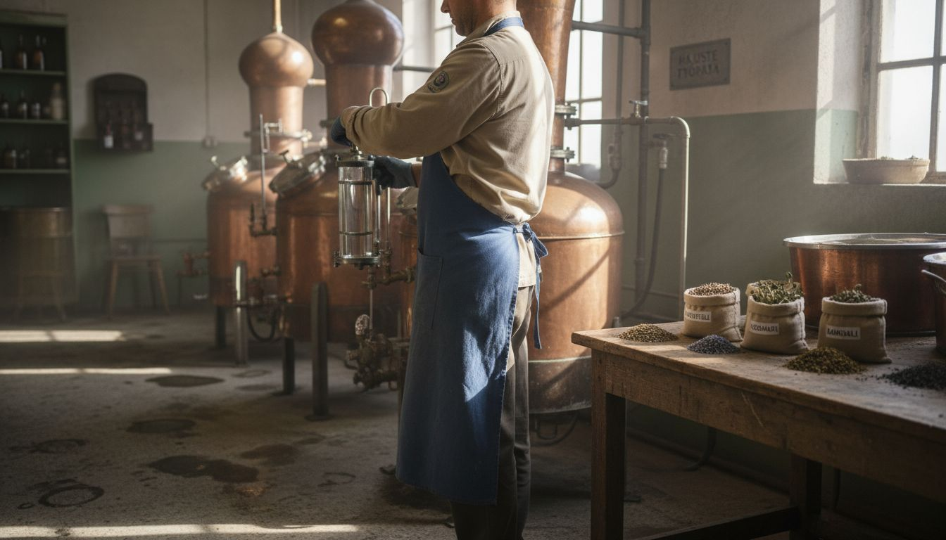 Työntekijä tarkistaa hajuveden valmistuksessa käytettävän tislausprosessin onnistumista.