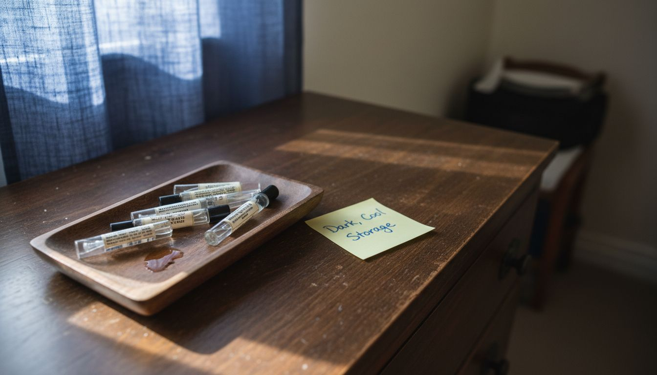 Perfume sample vials in storage tray