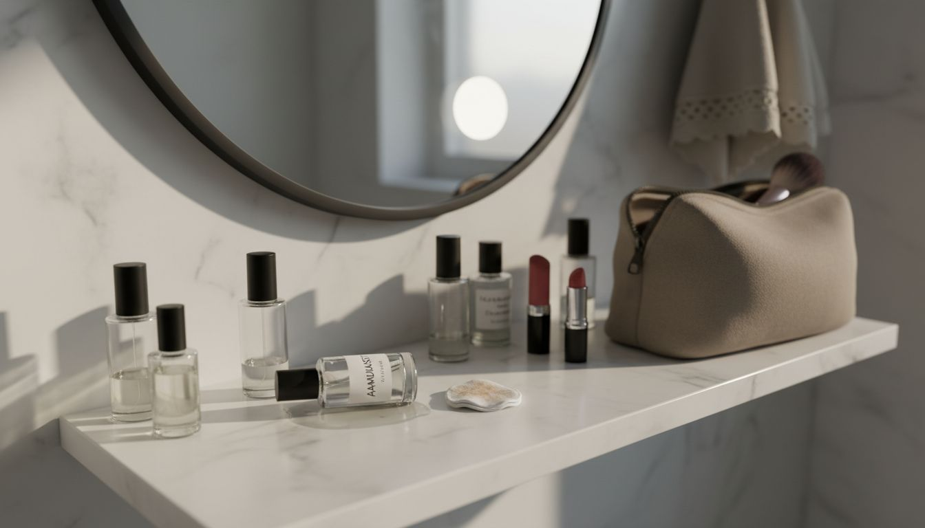 Pikkuiset hajuvesipullot rivissä kylppärin hyllyllä