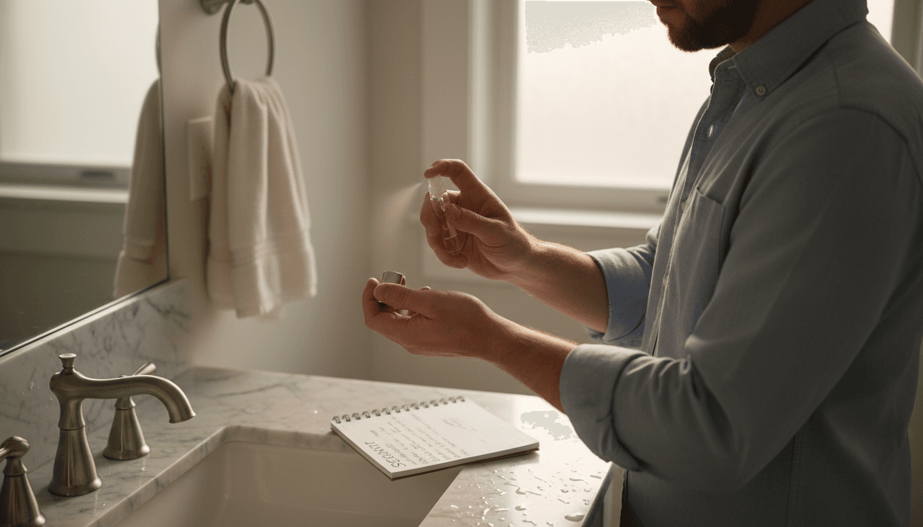 Man applying perfume sample on wrist to test