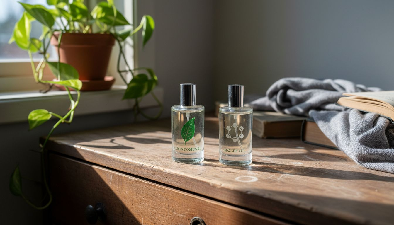 Kaksi hajuvesipulloa edustavat luonnon ja synteettisten raaka-aineiden maailmaa omilla tunnusmerkeillään.