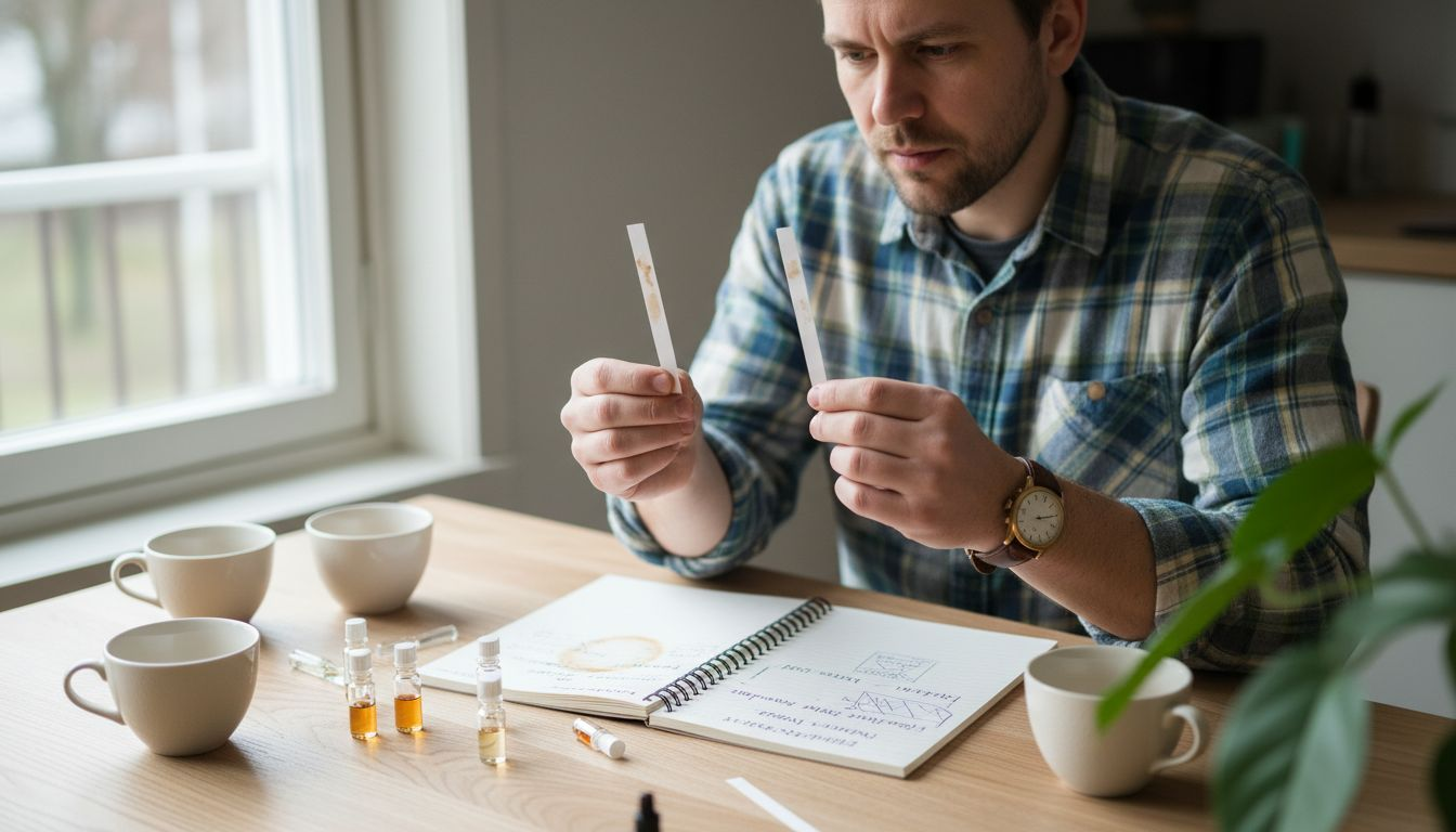 Mies vertailee hajuvesinäytteitä nuuhkimalla tuoksuliuskoja.