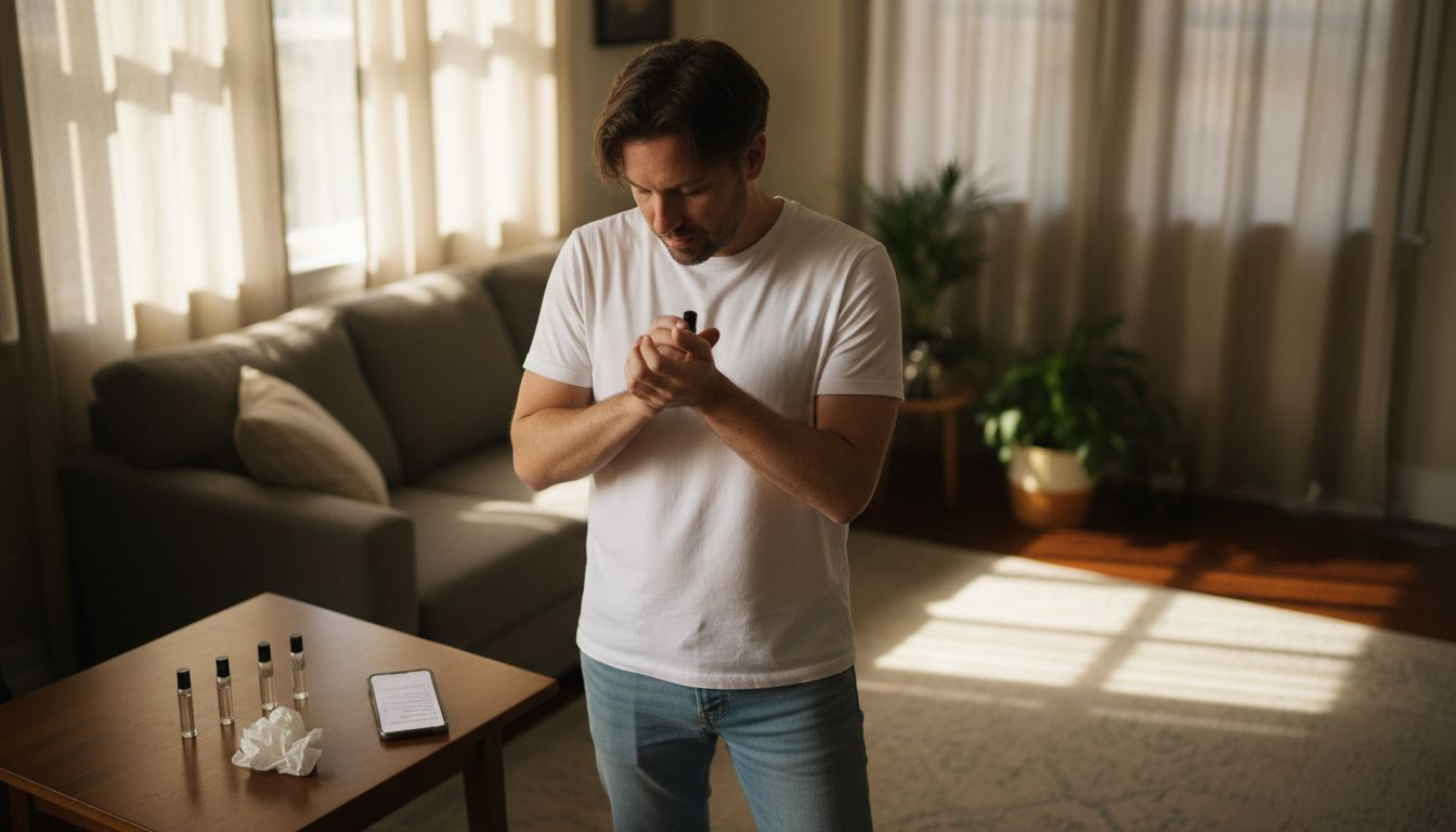 Man evaluating perfume scent on his wrist