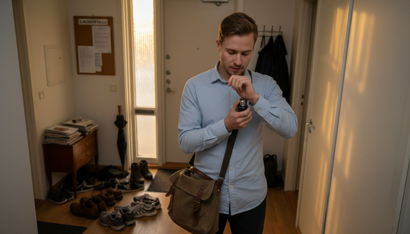 Mies suihkauttaa uutta hajuvettä käytävällä työpäivän jälkeen.