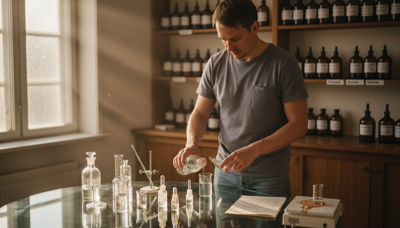Hajuvesien valmistaja sekoittaa tuoksuraaka-aineita lasipullojen äärellä työpisteellään.