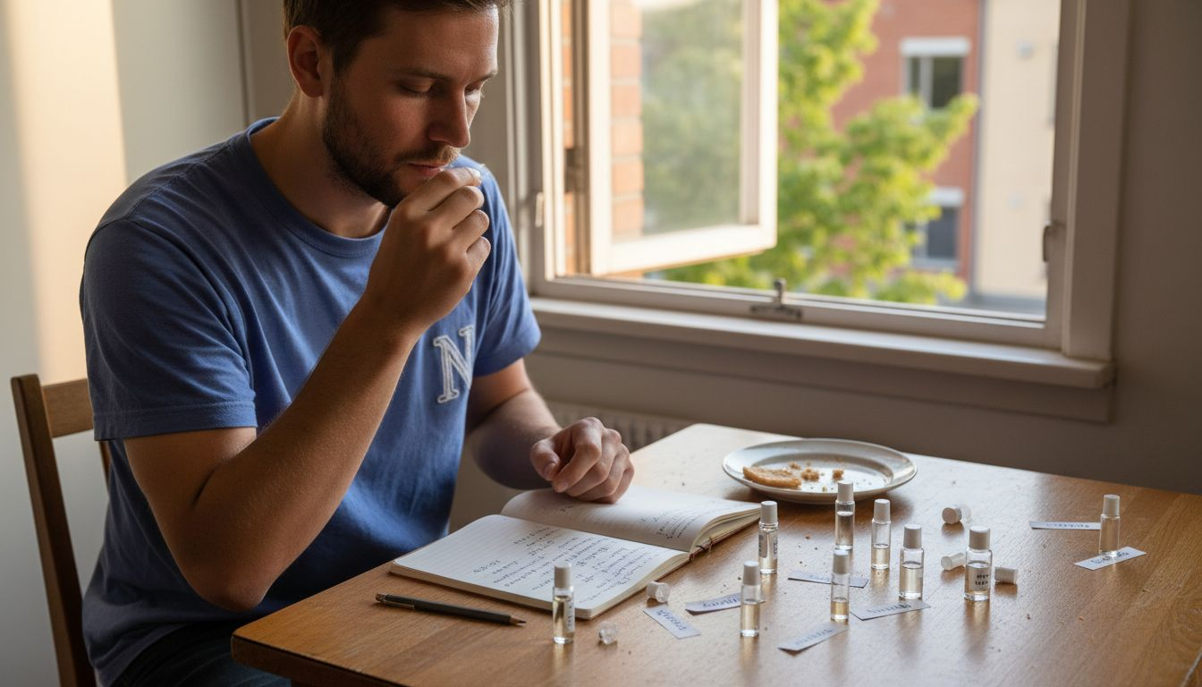 A man examining different perfumes and trying to find the best scent for himself.