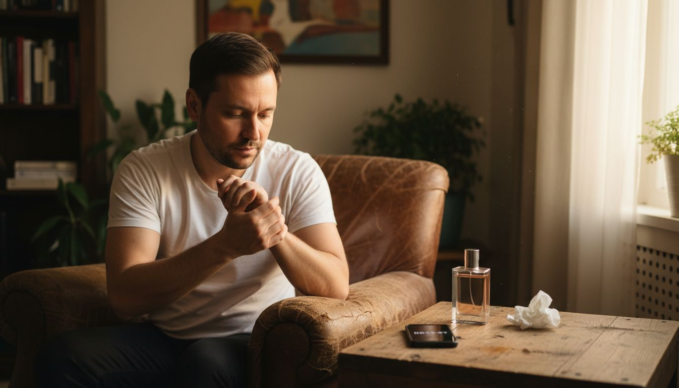 Man smelling his wrist after perfume application