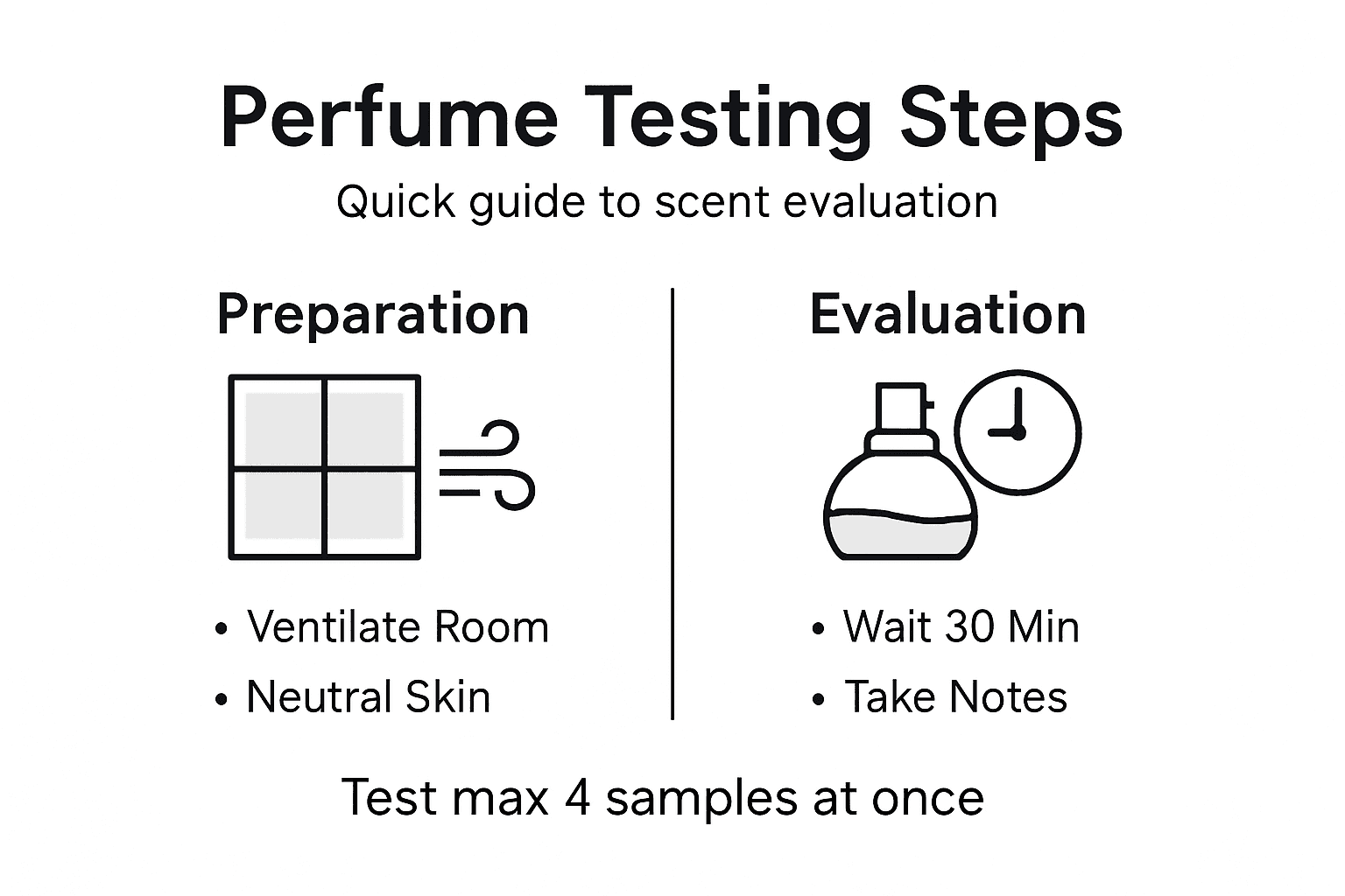 Minimalist infographic on perfume scent evaluation steps