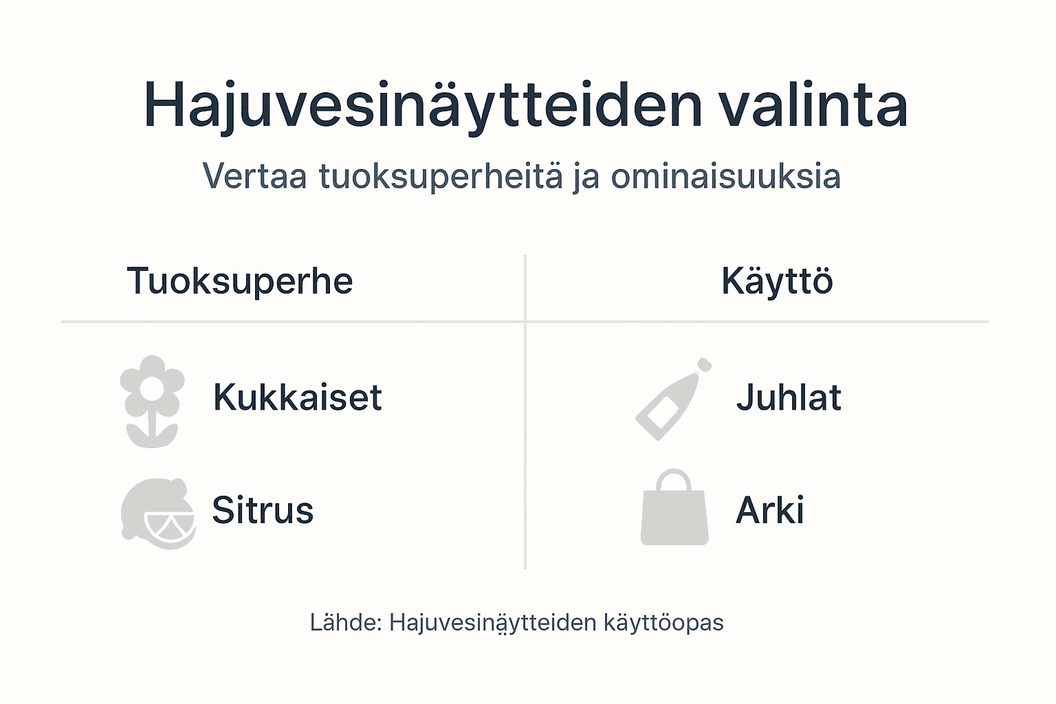 Infografiikka: tuoksunäytteiden eri tuoksuperheet ja käyttövinkit