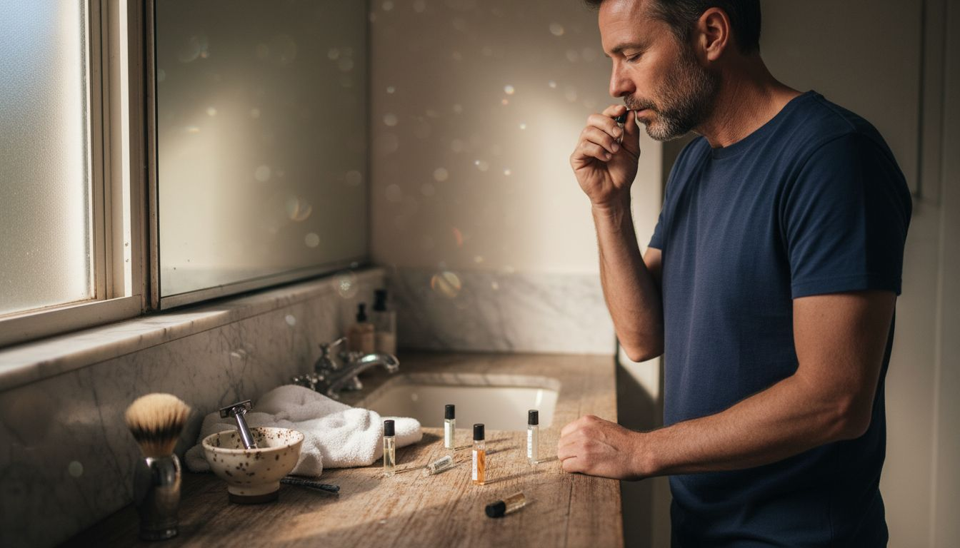 Man smelling wrist in bathroom for perfume