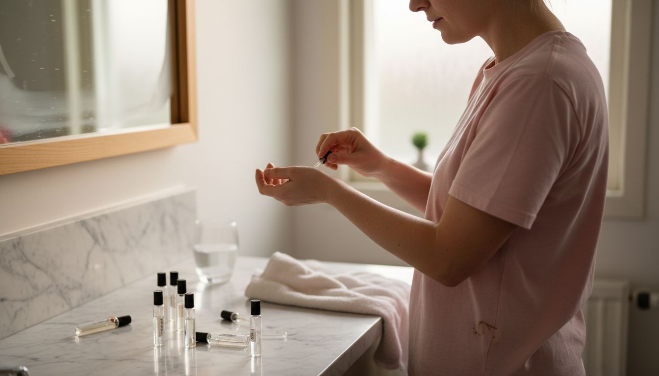 Nainen kokeilee uutta hajuvettä ranteelleen kylpyhuoneessa.