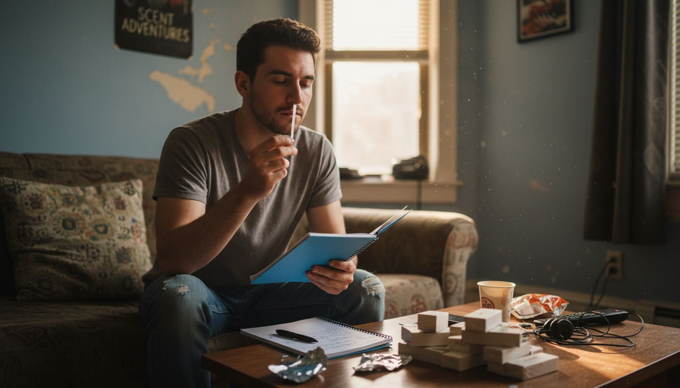 Man testing perfume evokes memory emotion