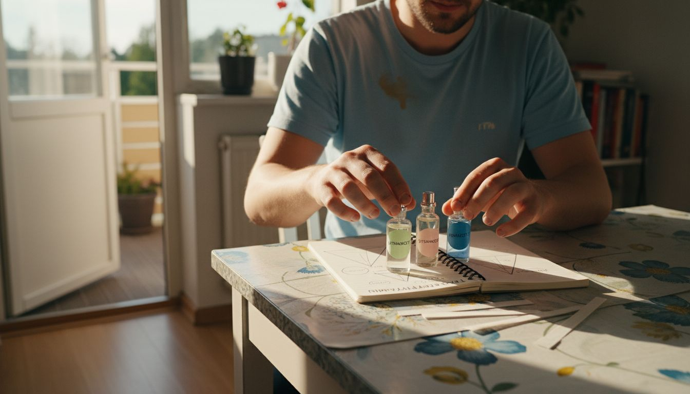 Hajuvesinäytteet aseteltu tuoksupyramidin testausta varten